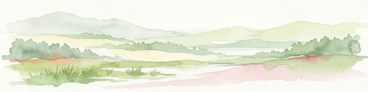 Watercolor painting of a landscape with green fields, scattered trees, and rolling hills under a light sky