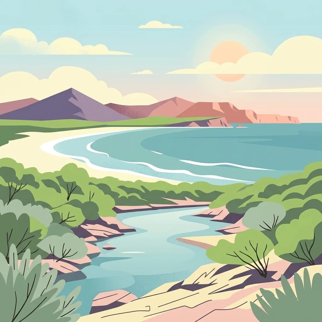 Ilustración de un estuario de río costero con playa arenosa, agua turquesa, montañas y vegetación verde bajo un cielo parcialmente nublado