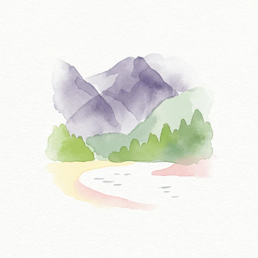 Watercolor illustration of mountains, forest, and a winding water body
