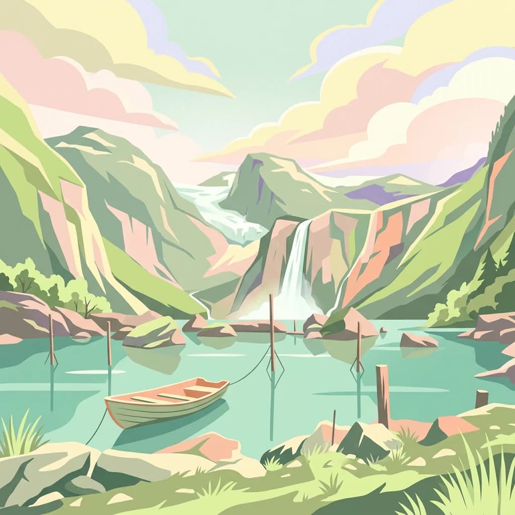 Illustration showing a mountain lake with waterfall, wooden boat, green hills, and partly cloudy sky