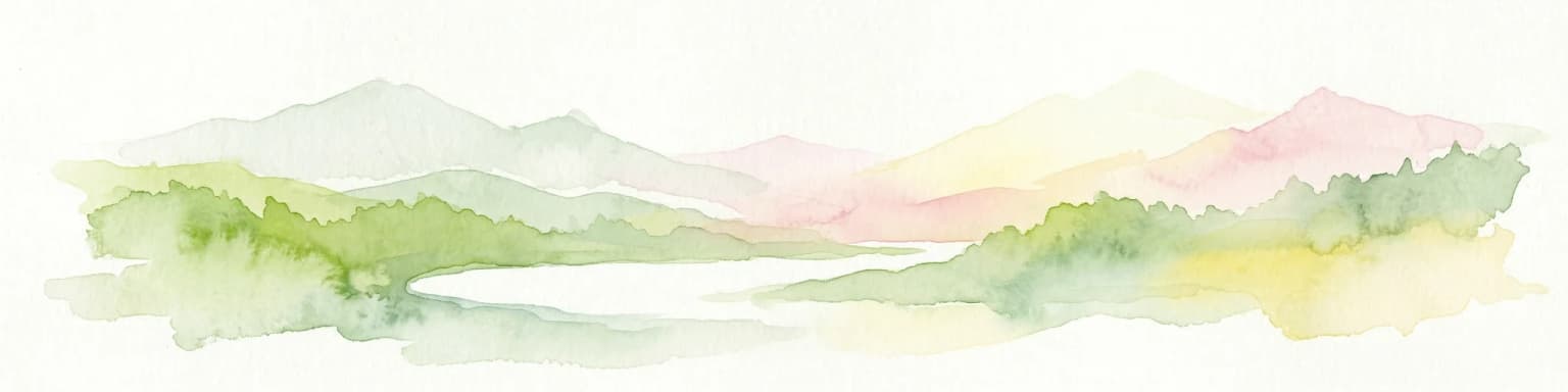 Watercolor illustration of a mountain landscape with green vegetation and pastel-colored peaks