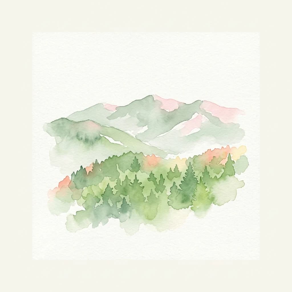 Watercolor illustration of mountains and forested landscape