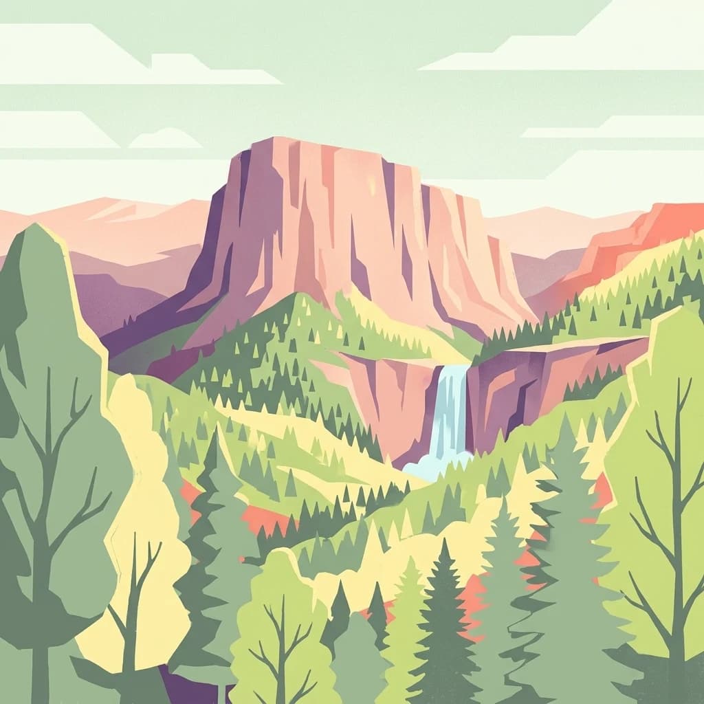 Stylized illustration of a mountainous landscape with a waterfall, dense forests, and rocky cliffs