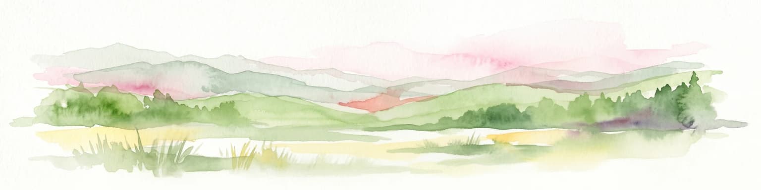 Watercolor painting of a landscape with rolling hills, green fields, and a body of water under a pink sky