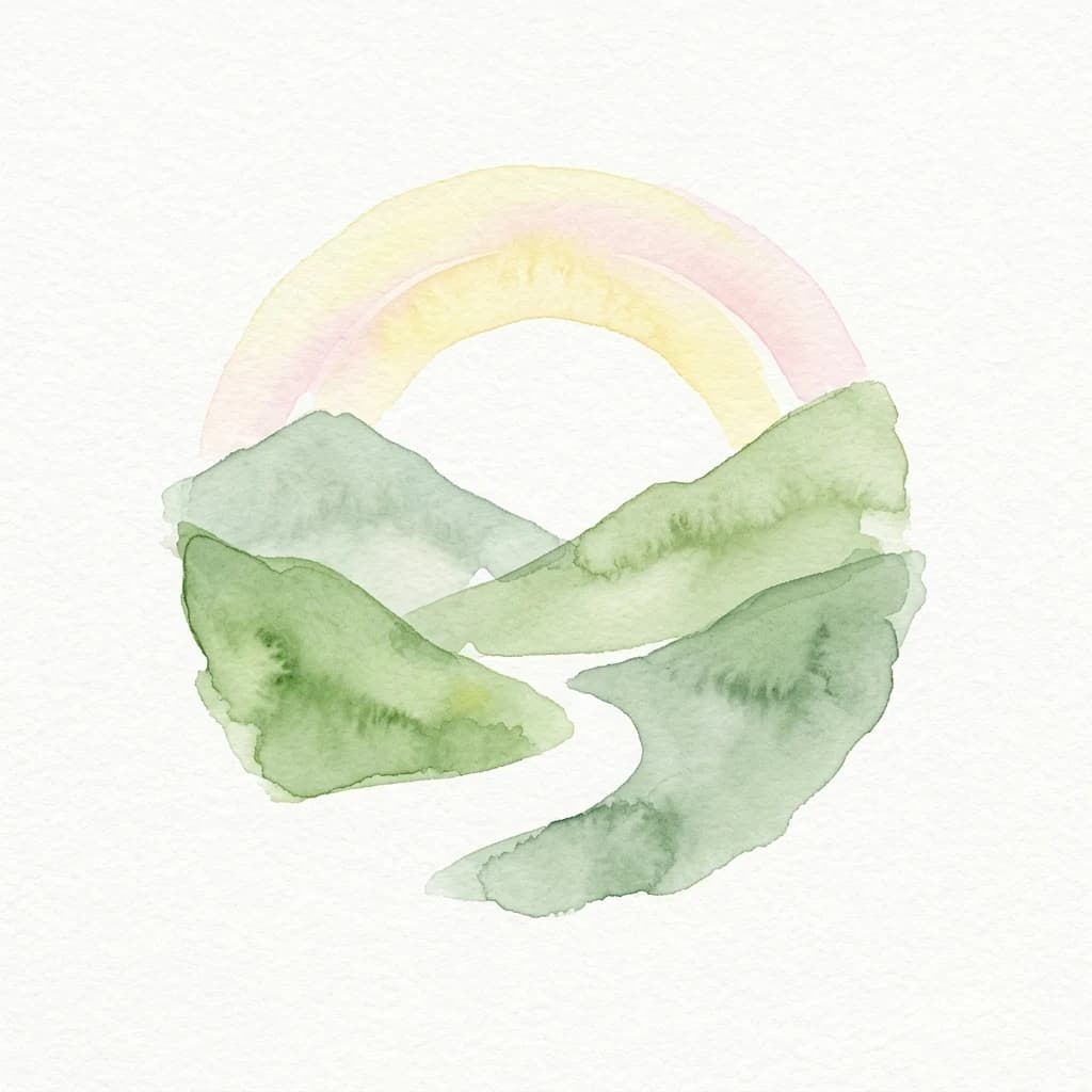 Watercolor illustration showing a rainbow arching over green mountain peaks with a winding path below