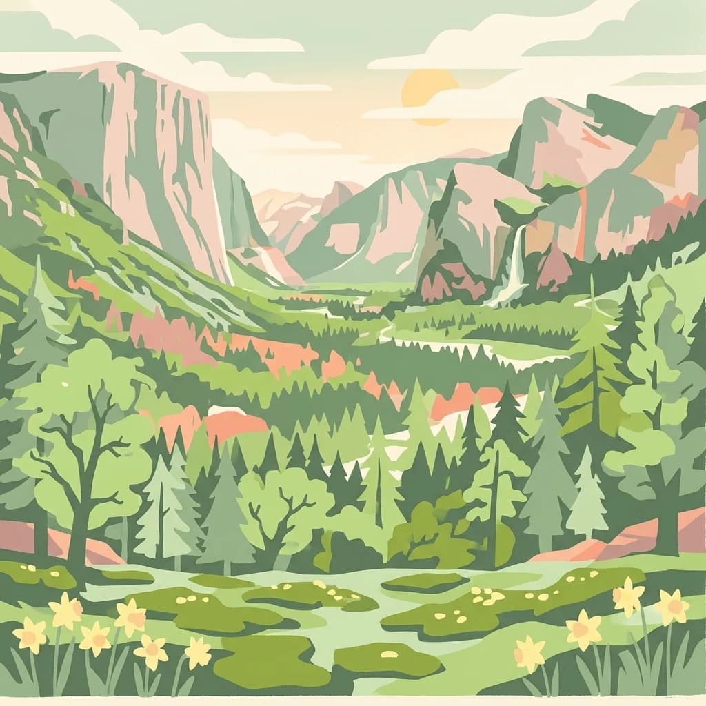 Stylized illustration of a mountainous landscape with forests, a river, and wildflowers