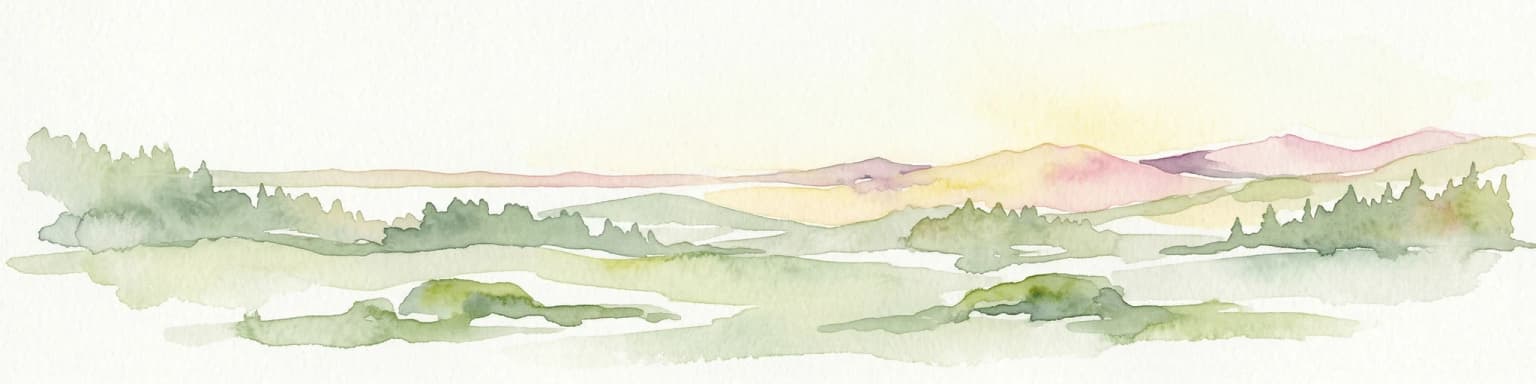 Watercolor illustration of a forested landscape with rolling hills, distant mountains, and a sky with soft pastel colors