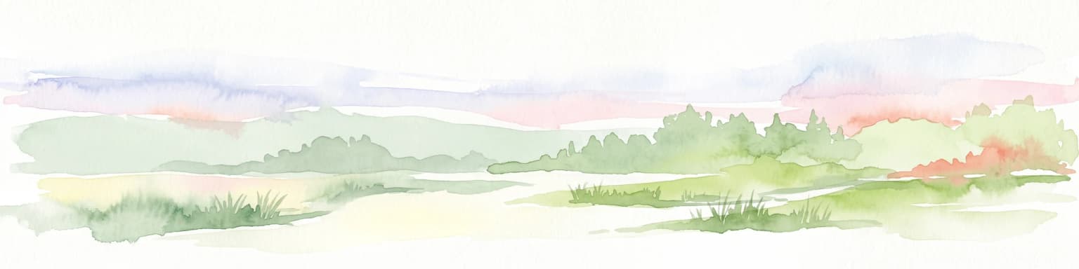 A wide watercolor illustration depicting a gentle landscape with green hills, scattered trees, and a pale sky with pink and purple hues.
