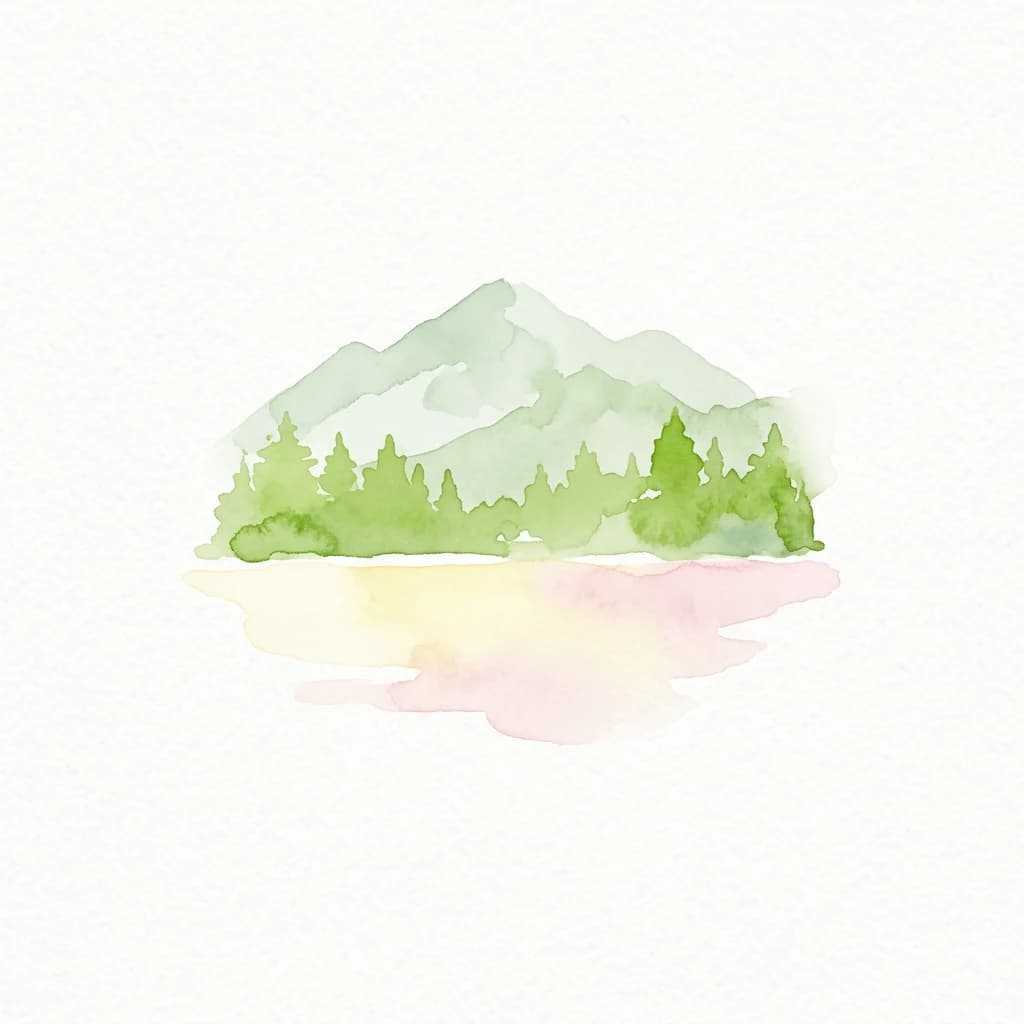 Watercolor illustration showing a mountain with forested trees and its reflection in water