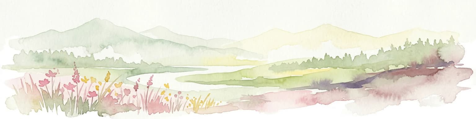 Watercolor illustration of a landscape with mountains, wildflowers, and a river