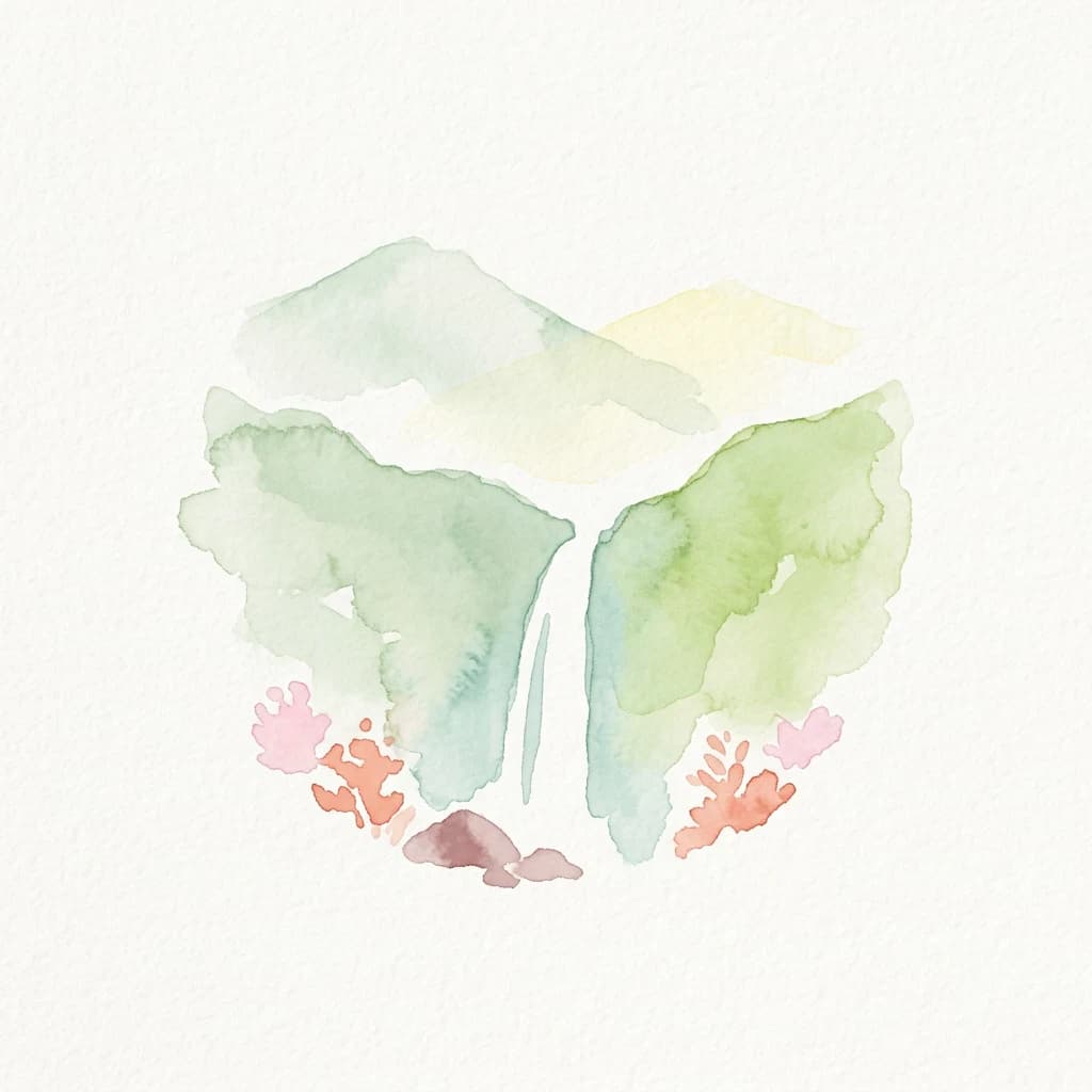 Watercolor illustration showing green mountains with a central waterfall and pink coral-like shapes at the base