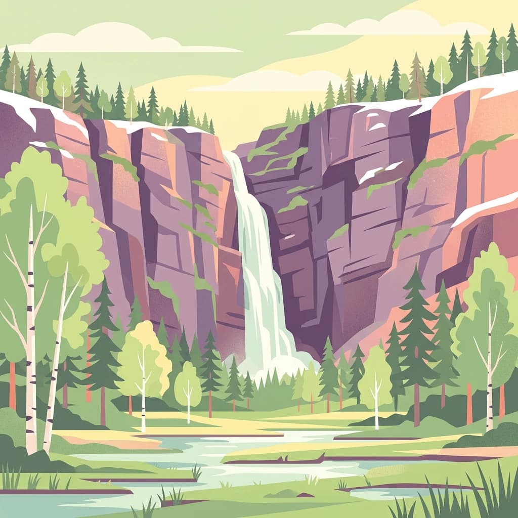 Stylized illustration of a waterfall flowing from rocky cliffs into a river, surrounded by forest and hills