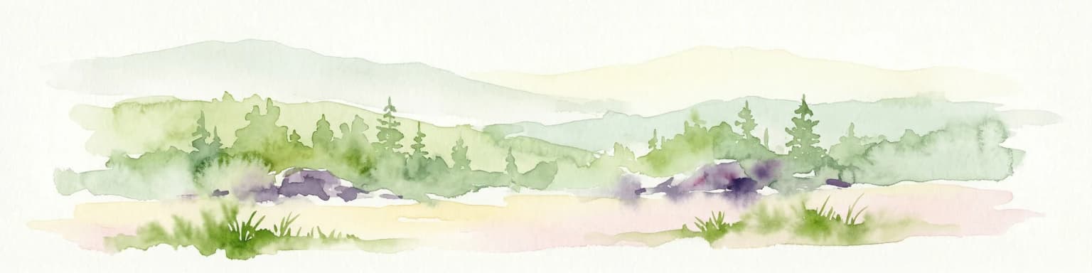 Watercolor illustration showing mountains, forests, and a river