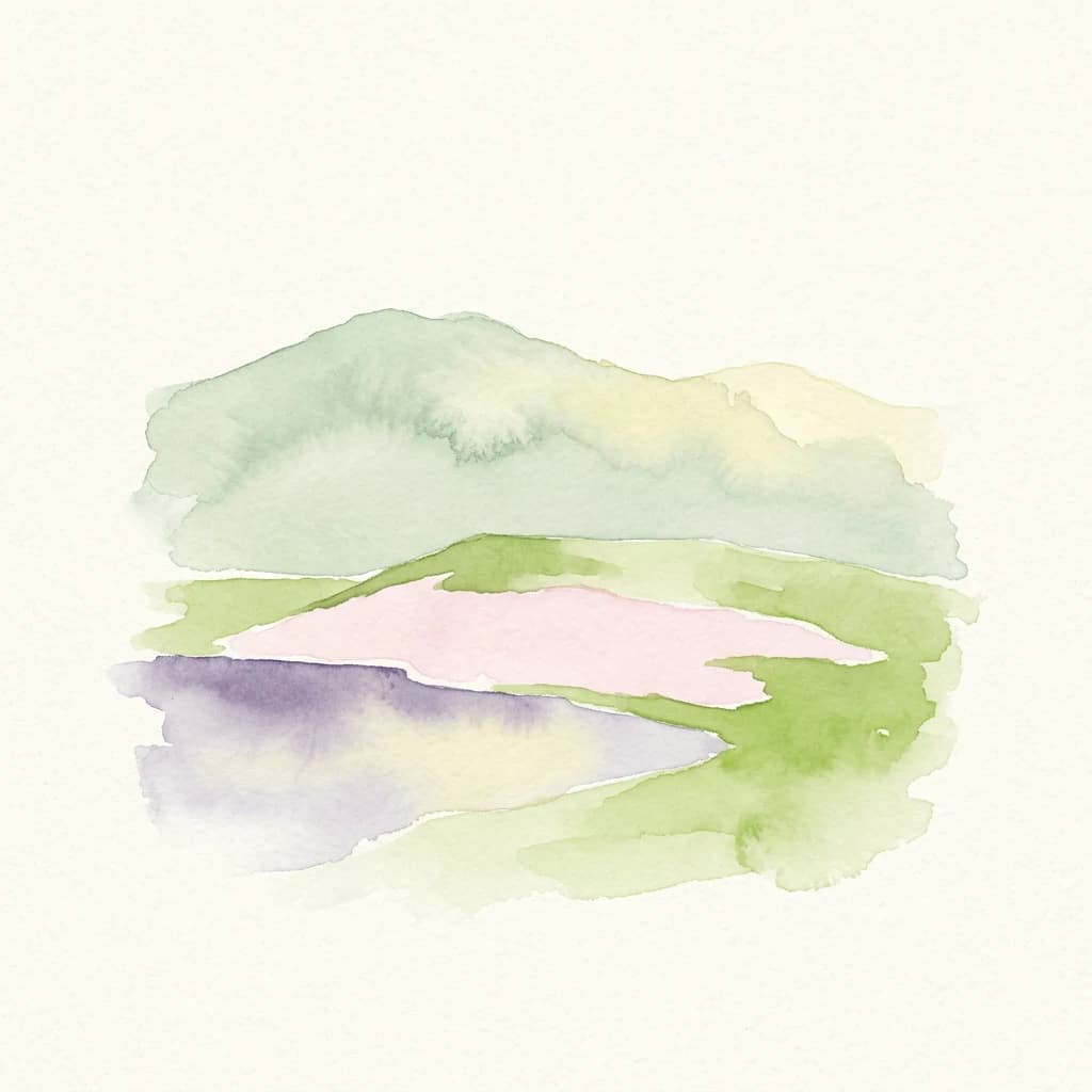 Watercolor painting depicting green mountains and a pinkish lake