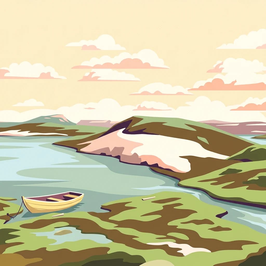 Stylized illustration of a lake with a small boat, green hills, patches of snow on mountains, and clouds in the sky.
