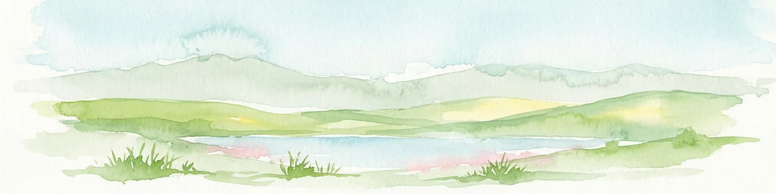 Watercolor illustration of a mountainous landscape with a lake, green fields, and pink flowers
