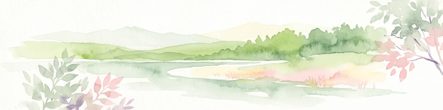Una ilustración en acuarela de un sereno paisaje junto a un lago con colinas verdes, follaje y agua en calma, pintada en suaves colores pastel.