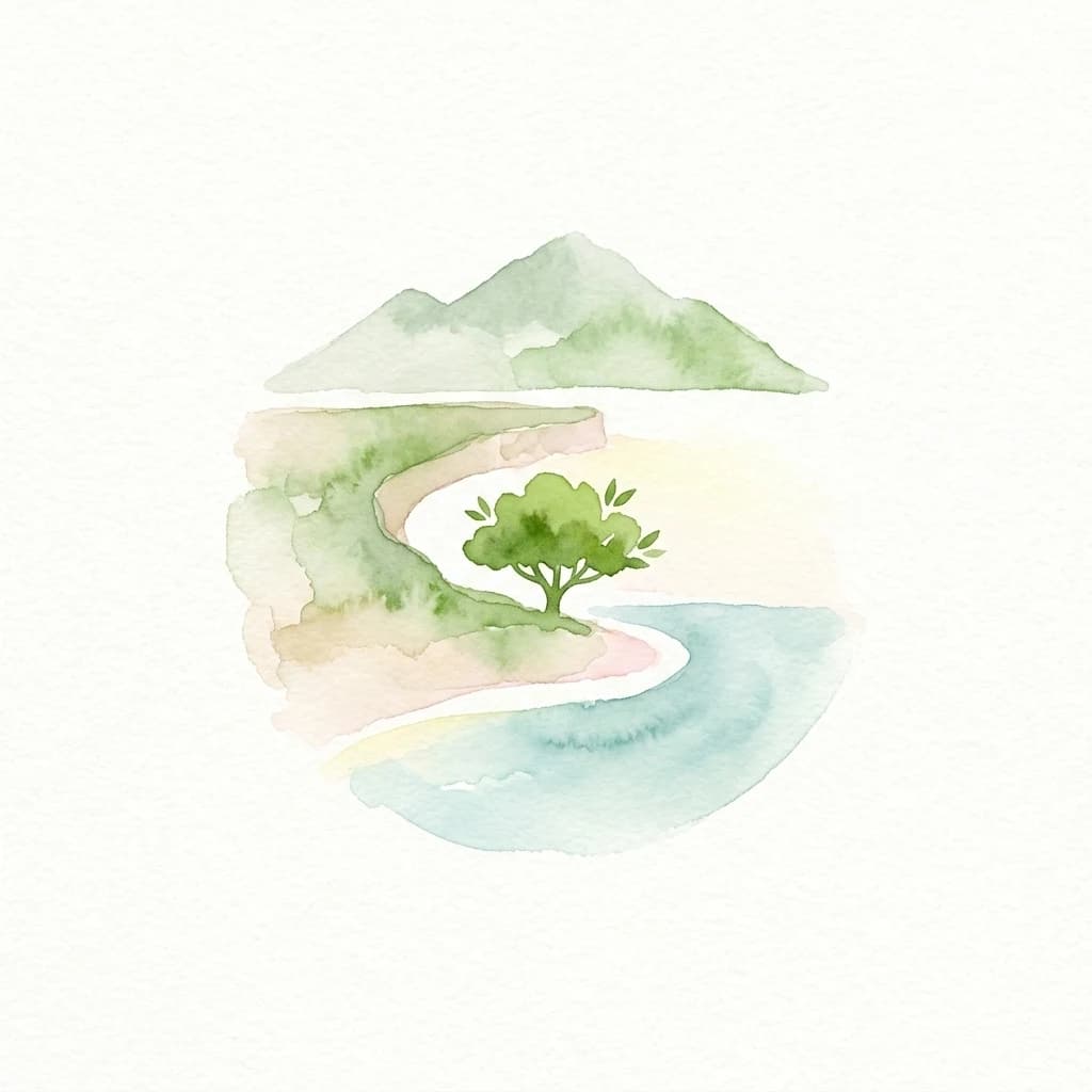 Ilustración de acuarela que muestra montañas, un árbol solitario, una playa curva y una masa de agua