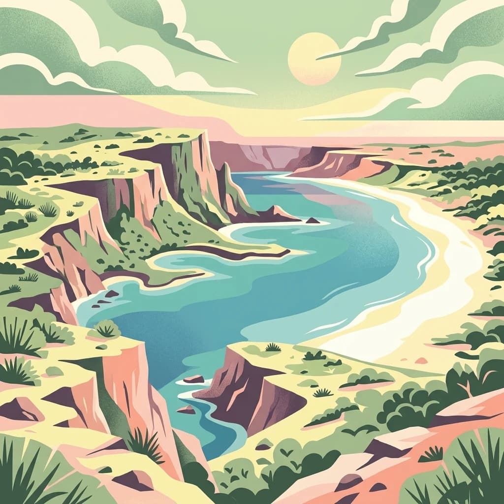 Illustration of cliffs, blue water, sandy beach, and green vegetation under a partly cloudy sky with the sun