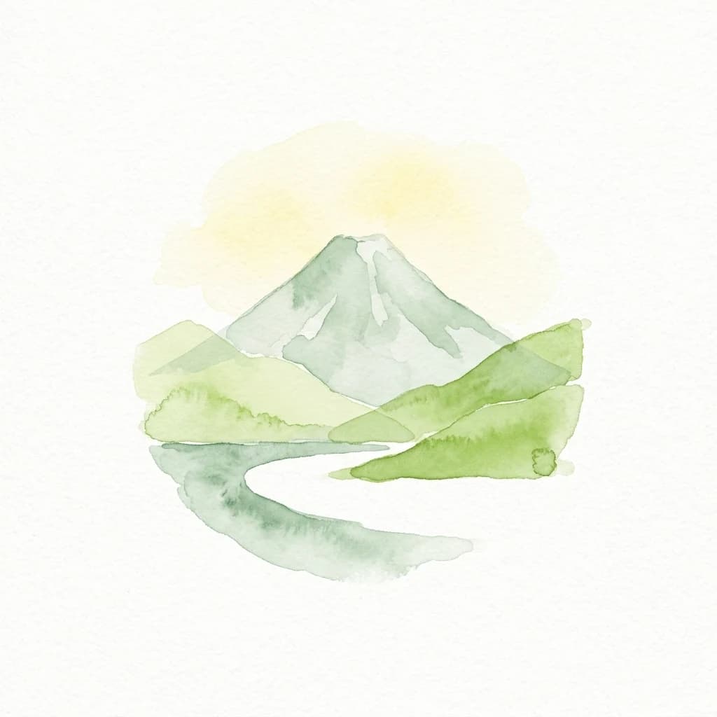 Watercolor illustration of a mountain with green hills, a winding river, and a yellow sky