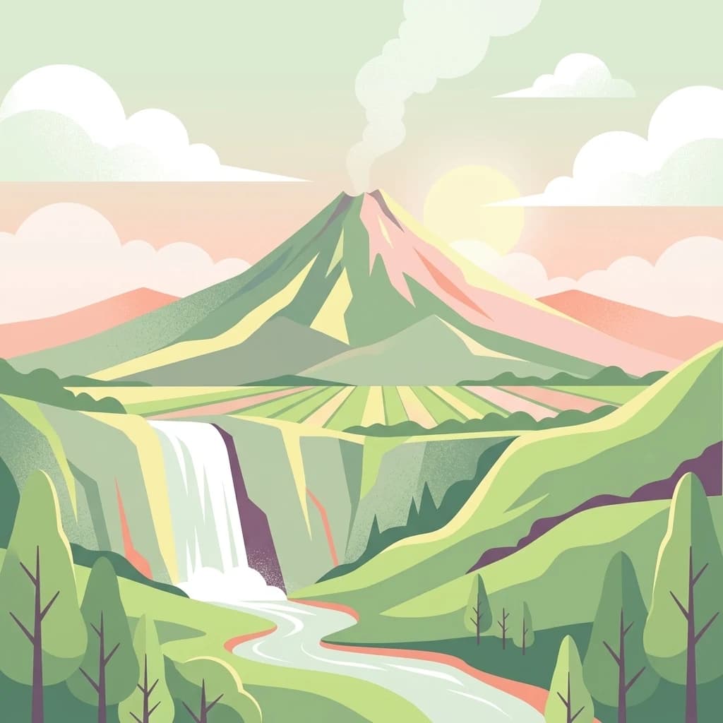 Stylized illustration of a volcano with smoke, waterfall, river, green hills, and trees
