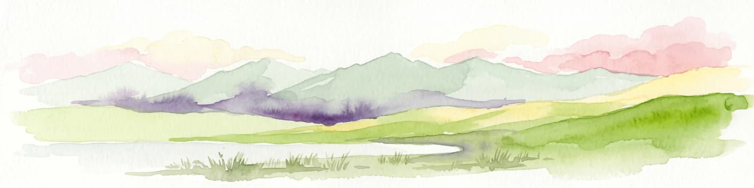 Watercolor illustration of a mountain range with a lake in the foreground, green fields, and a colorful sky