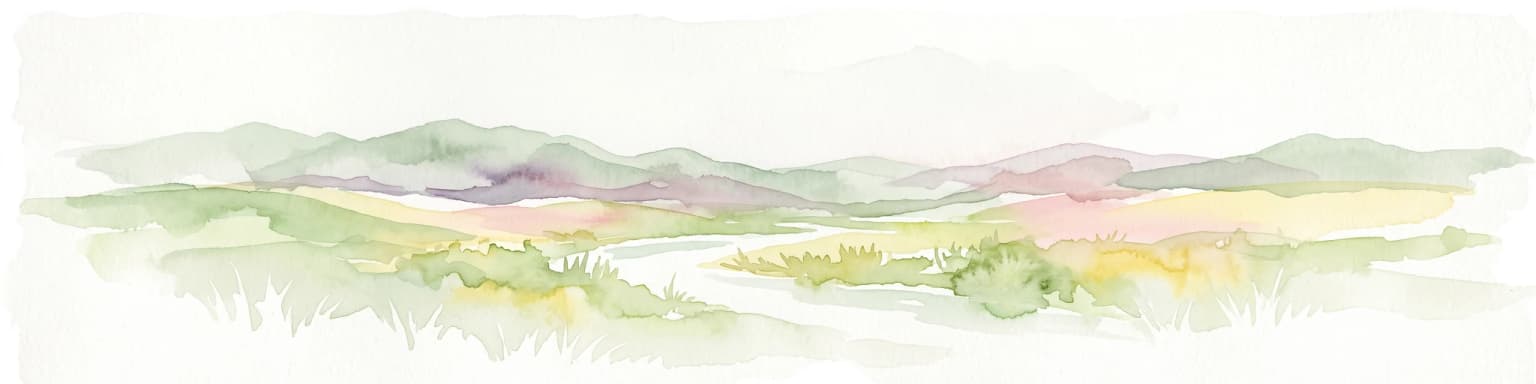 A soft watercolor painting of a wide, rolling mountain landscape with muted greens, yellows, and purples.