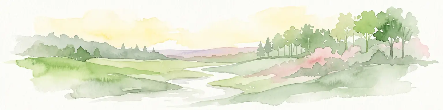 A watercolor painting showing a soft, stylized landscape with rolling green hills, a winding stream, and trees under a pale sky.