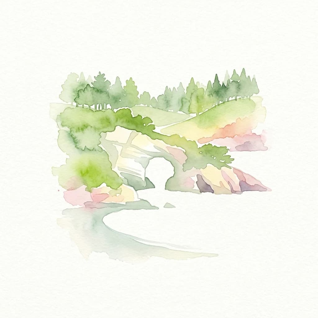 Watercolor painting showing a coastal scene with a natural rock arch, green hills, trees, and water reflection