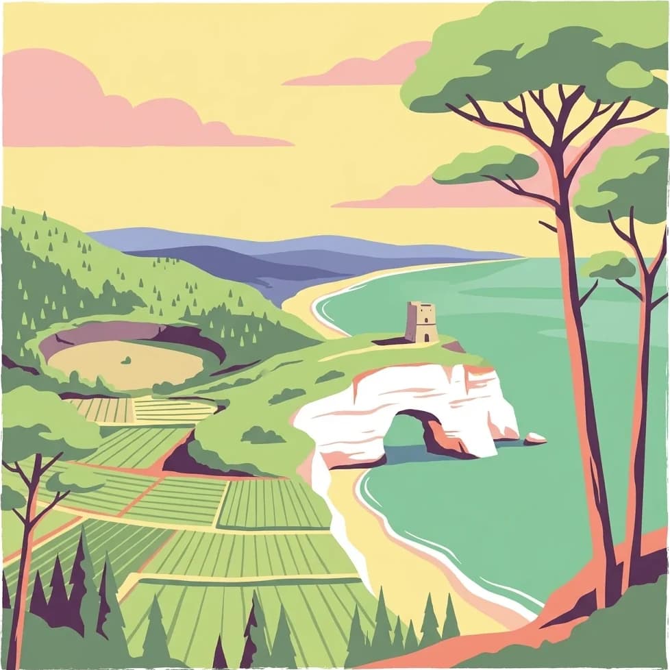 Illustrated coastal landscape with a white rock arch, a tower on a cliff, green agricultural fields, forested hills, and a shoreline with blue water under a yellow sky with pink clouds