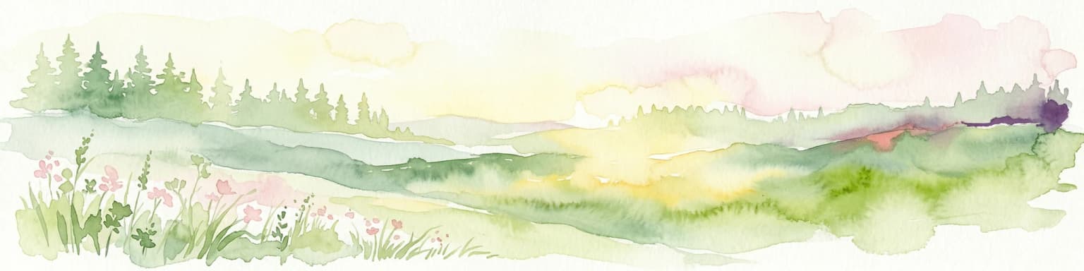 Watercolor illustration of a forest landscape with pink flowers, green trees, and a yellow sky