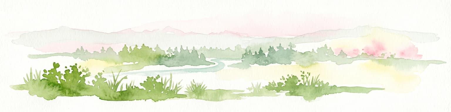 Watercolor painting of a light-colored landscape featuring a river meandering through green trees and soft hills against a hazy background.