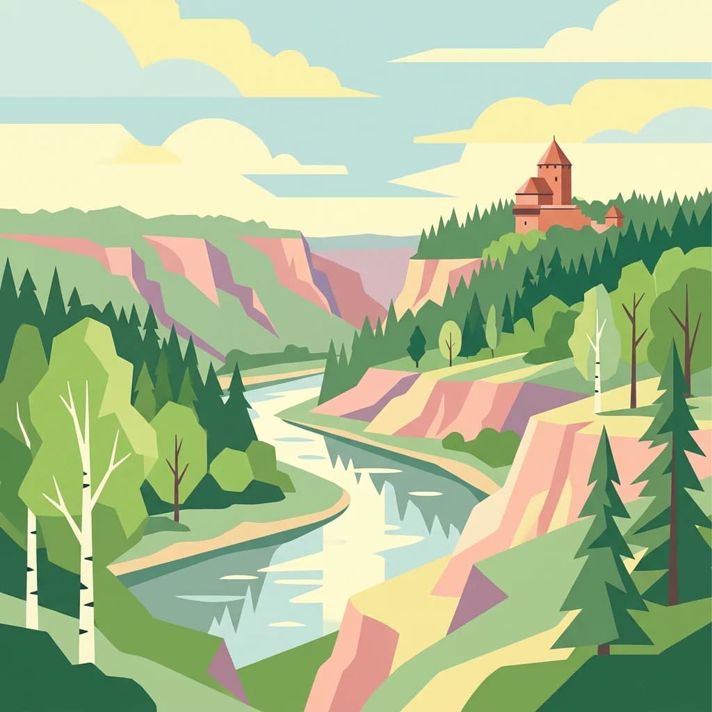 Illustration of a river winding through a valley with sandstone cliffs, dense forests, and a castle on a hill under a partly cloudy sky