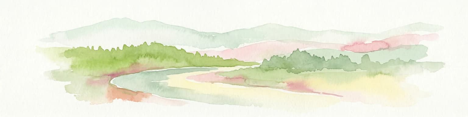 Watercolor illustration of a river flowing through a valley with hills and greenery