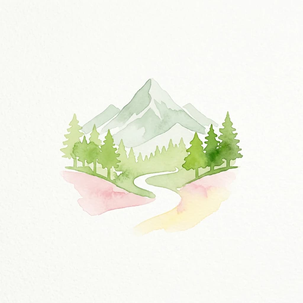 Watercolor illustration of a mountain landscape with green trees, a winding path, and pink and yellow terrain