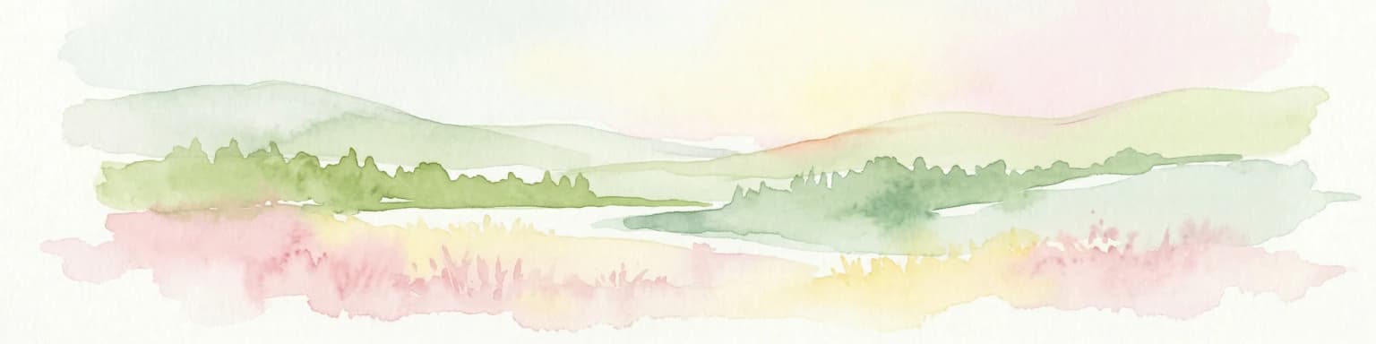 Watercolor illustration of a landscape with rolling hills, a river, and green vegetation