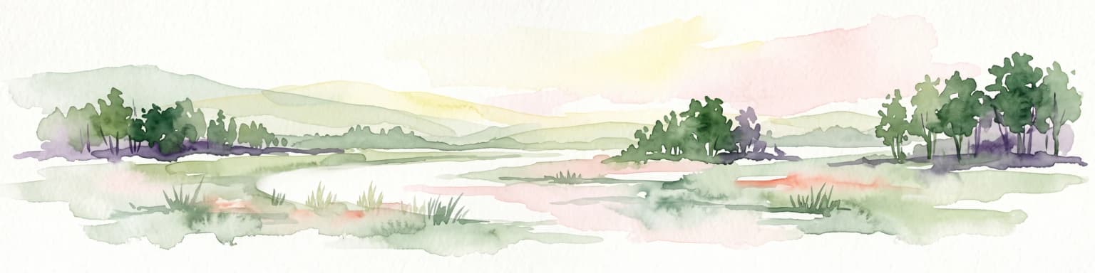Una pintura en acuarela que muestra un río serpenteante a través de un paisaje verde y plano con grupos de árboles y suaves colinas onduladas al fondo.