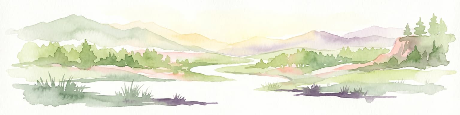 Ilustración en acuarela que representa un paisaje montañoso sereno con un río serpenteante, colinas onduladas y árboles dispersos sobre un fondo claro.
