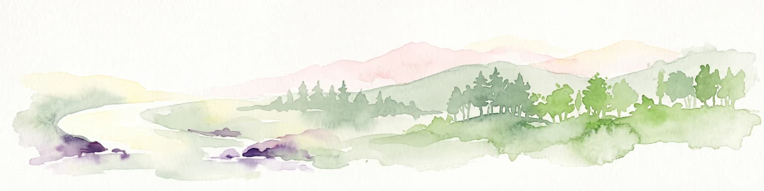 A soft watercolor painting of a winding river flowing through a forested valley with rolling hills in the background.