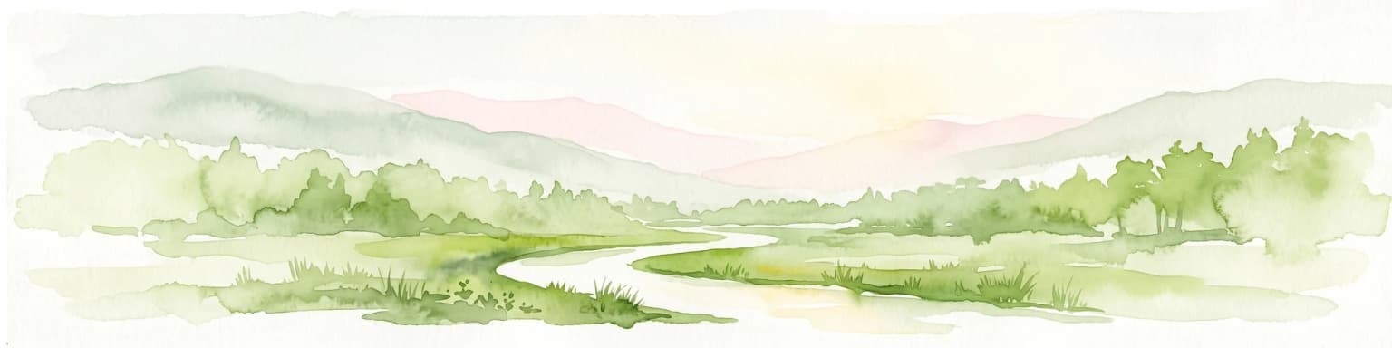 Watercolor painting of a green valley with a winding river and gentle mountains in the background, styled as a panoramic illustration.