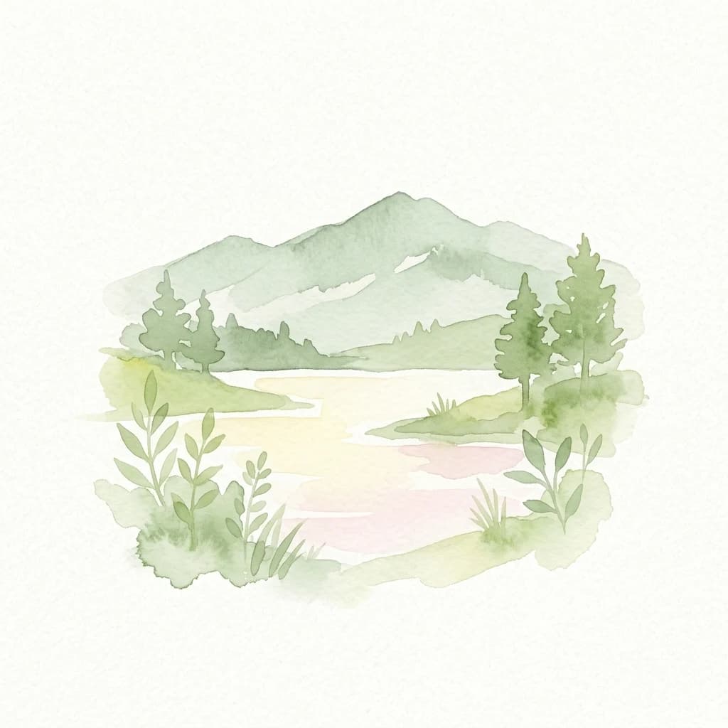 Watercolor illustration of a lake surrounded by trees and mountains with soft green and blue hues.