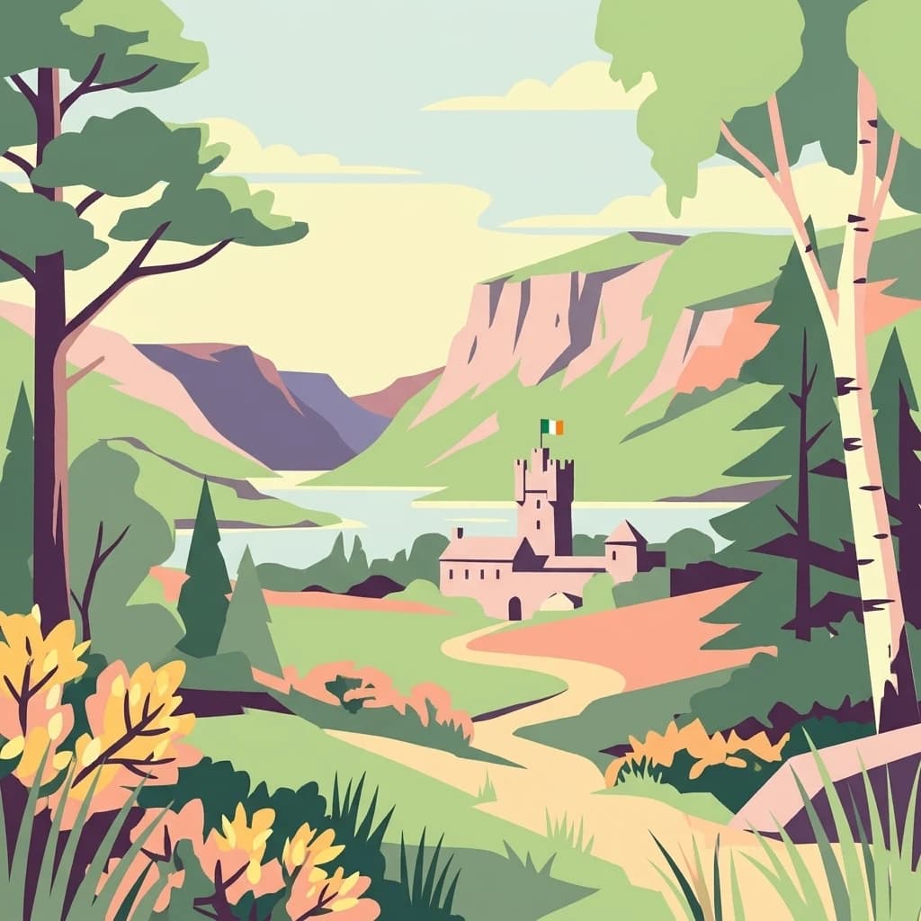 Stylized illustration of Glenveagh National Park featuring Glenveagh Castle, a winding path, lake, mountains, and trees