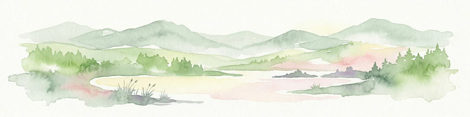 Watercolor illustration of a mountainous landscape with a lake and forests