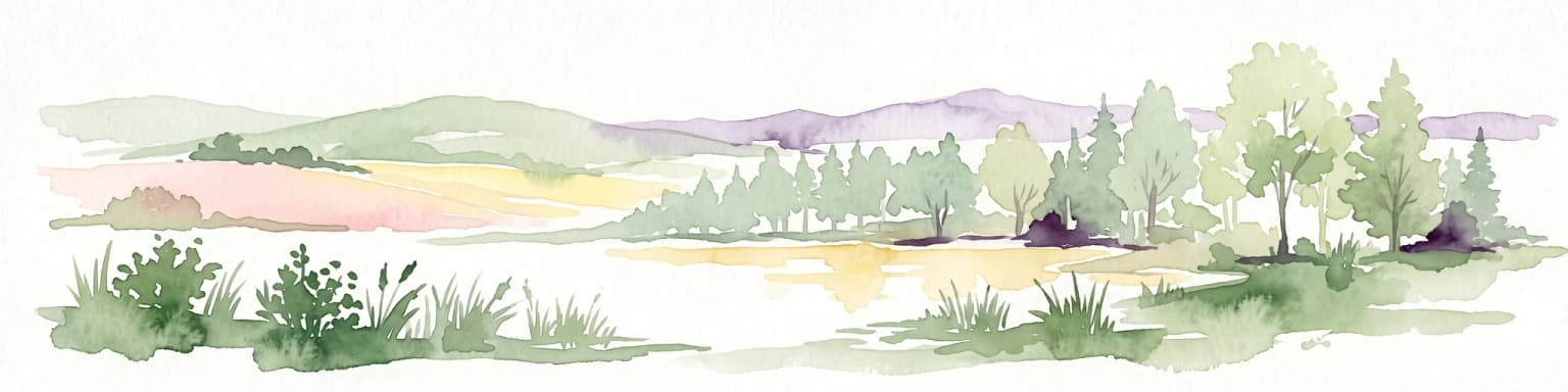 A horizontal watercolor painting depicting a calm wetland landscape with soft green trees, grassy banks, and rolling hills in the background.