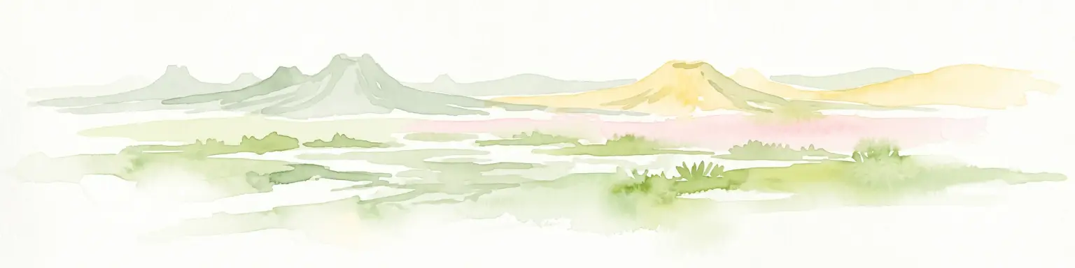 Una pintura minimalista en acuarela con colinas estilizadas de colores suaves y un paisaje luminoso en Gobustán.