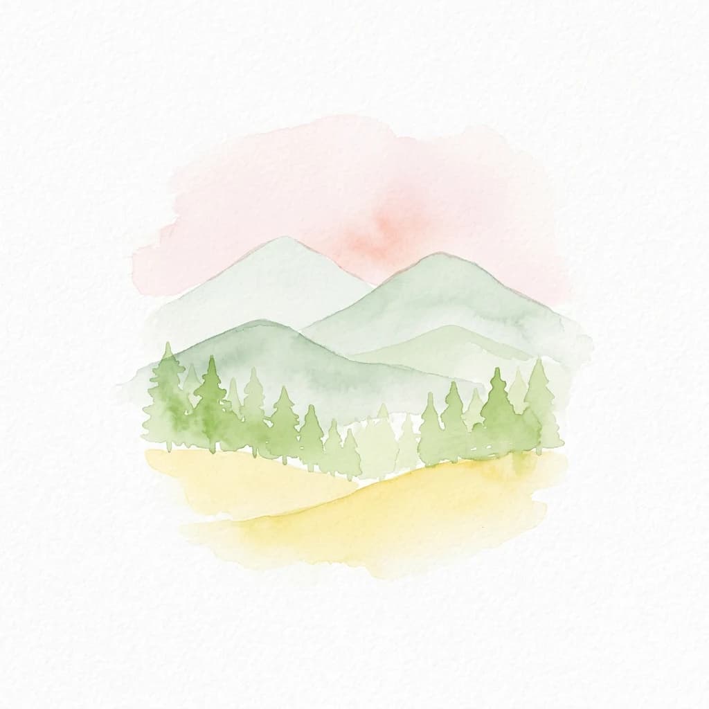 Watercolor illustration of green mountains, pine trees, and yellow terrain under a pink sky