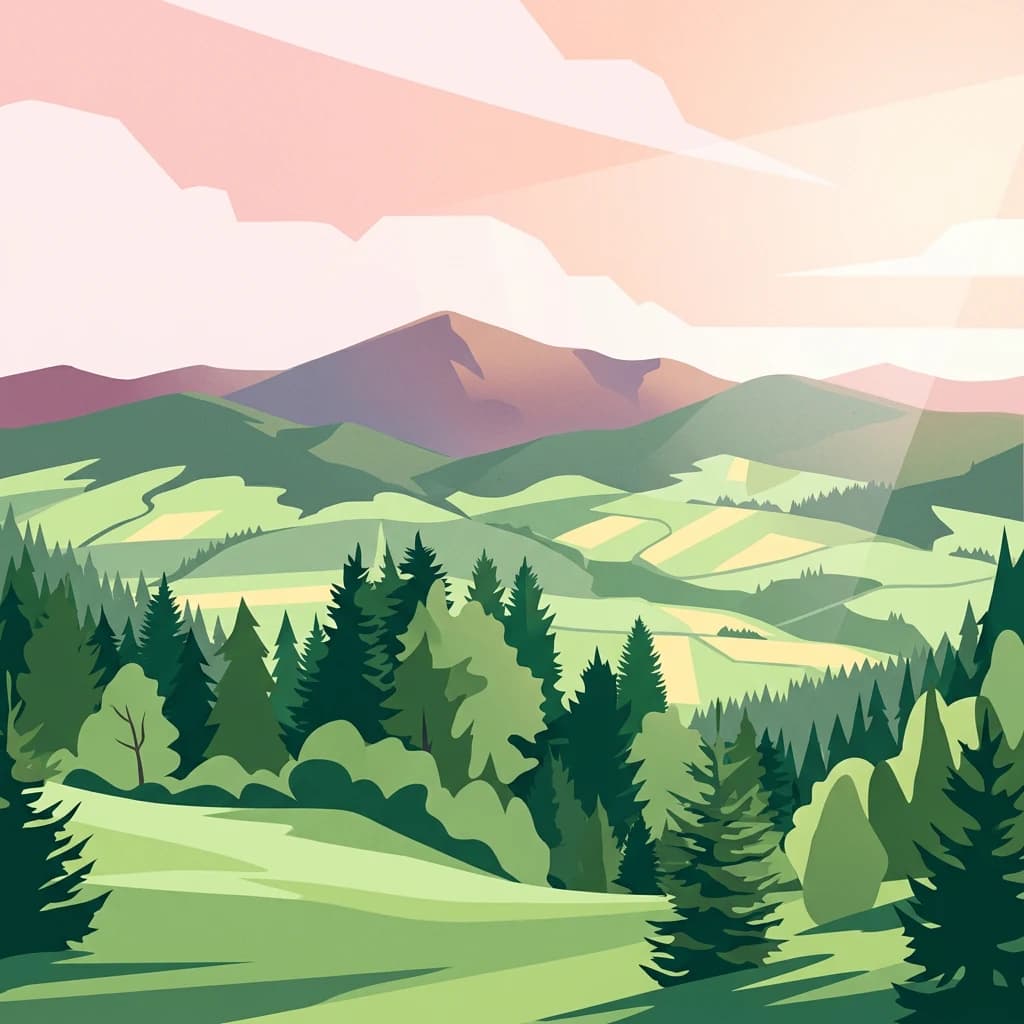 Stylized illustration of rolling green hills, forests, and mountains under a light pink sky