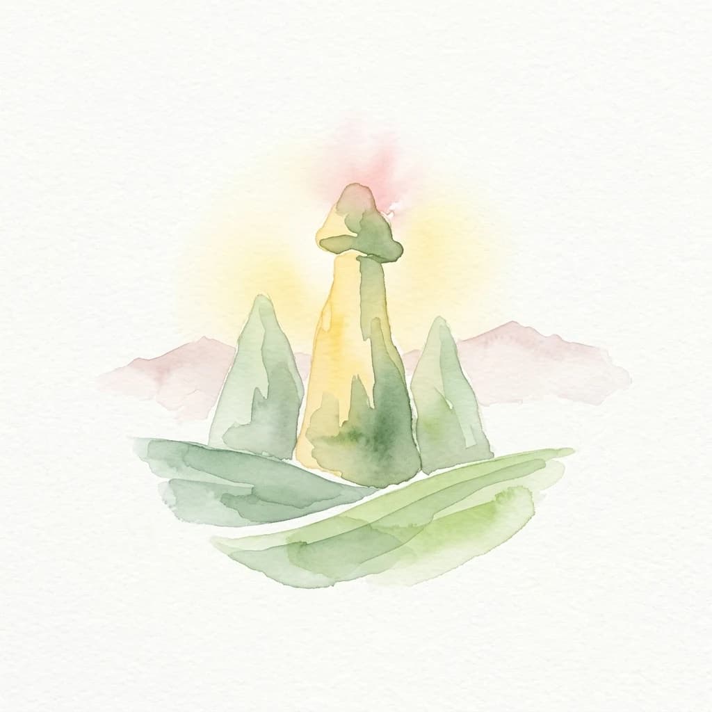 Watercolor illustration of distinctive rock formations with green and yellow tones, featuring a central tall cone-shaped formation against a backdrop of mountains with soft pink and purple hues