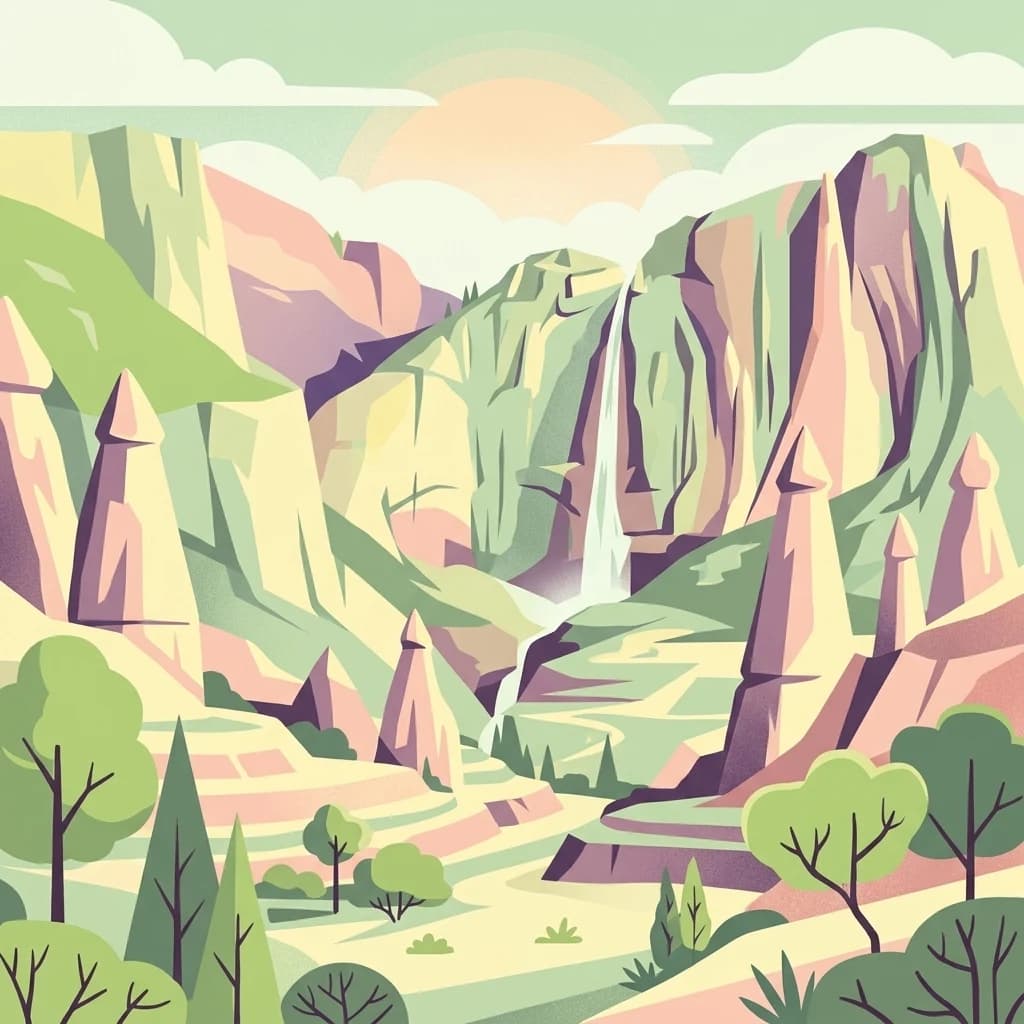 Stylized illustration of rock pillars, a waterfall, and greenery in a valley with mountains