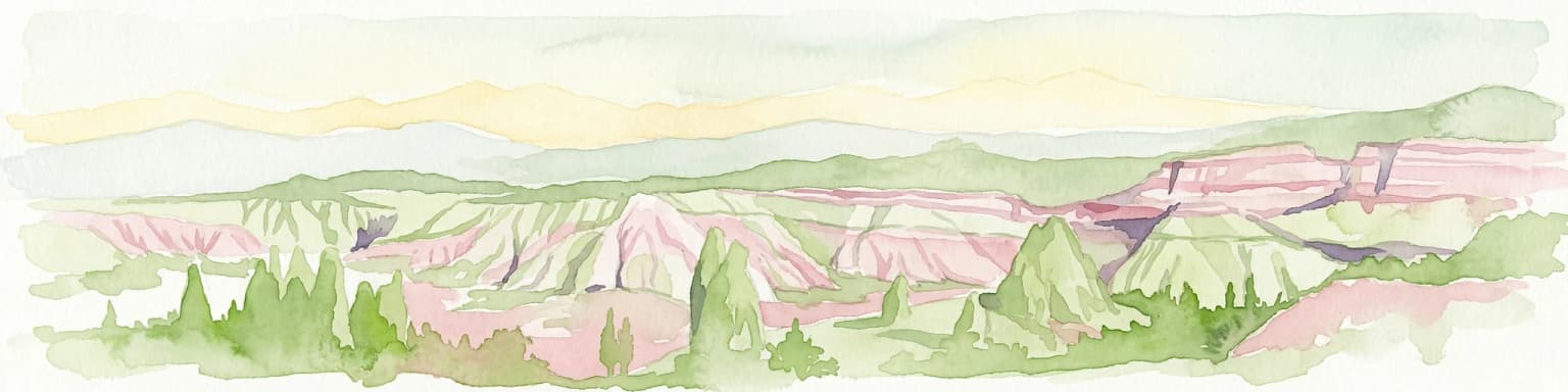 Watercolor illustration showing the landscape of Göreme Historical National Park with characteristic rock formations in pink and green hues